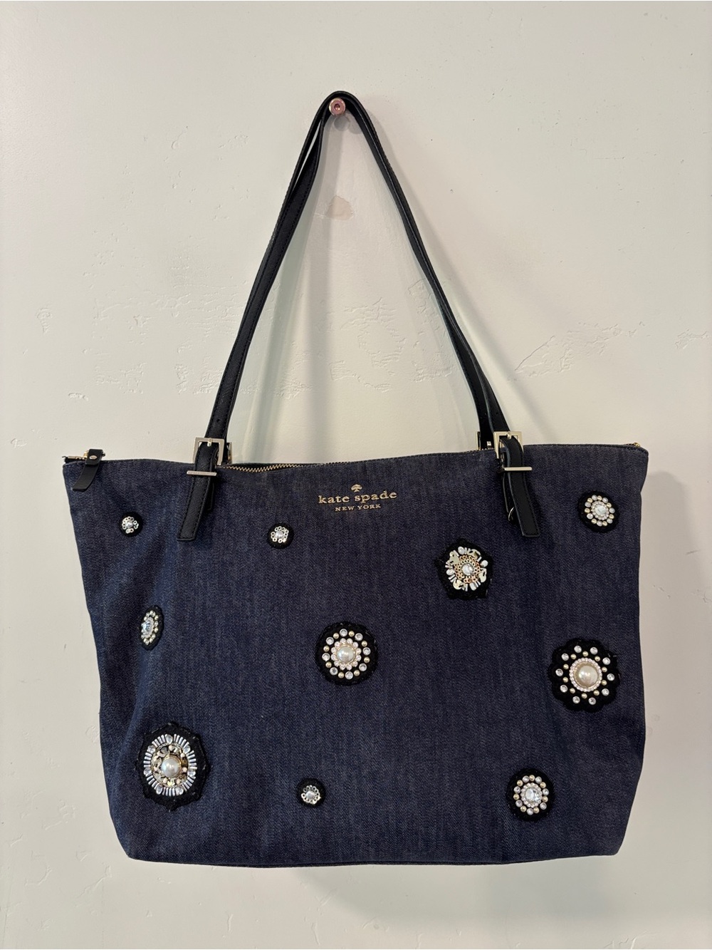 Kate Spade Cameron Street Embellished Denim Maya Rhinestone Pearl Tote Bag